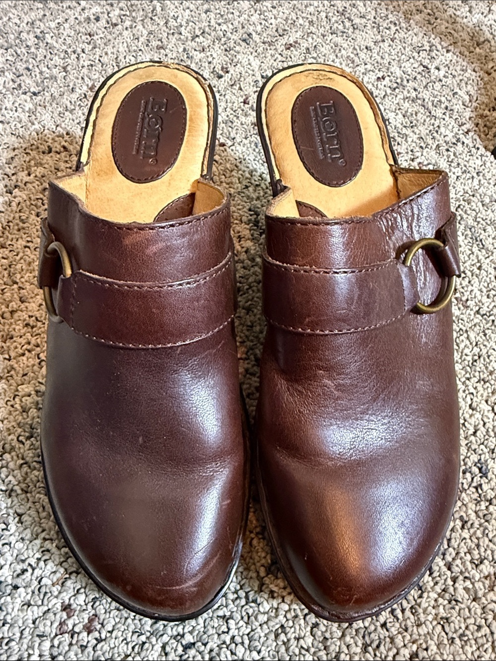 Born Dark Brown Leather Slip-On Clogs with Brass Ring Sz 10
